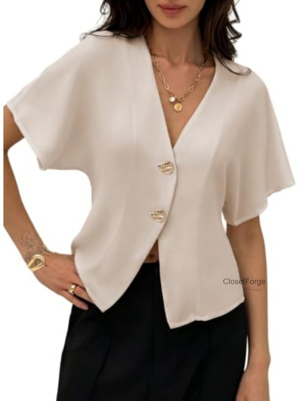 Women's Short Sleeve V-Neck Blouse Gold Button Flutter Sleeve Top Office